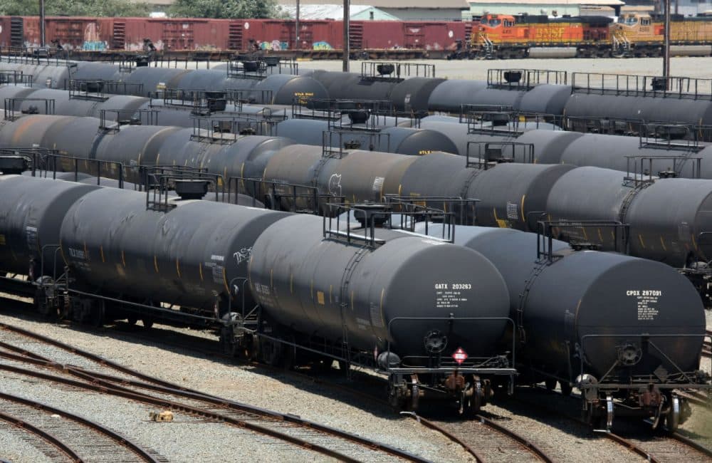 Railroad tanker cars sit outside of the Chevron refinery July 14, 2008 in Richmond, California. (Justin Sullivan/Getty Images)