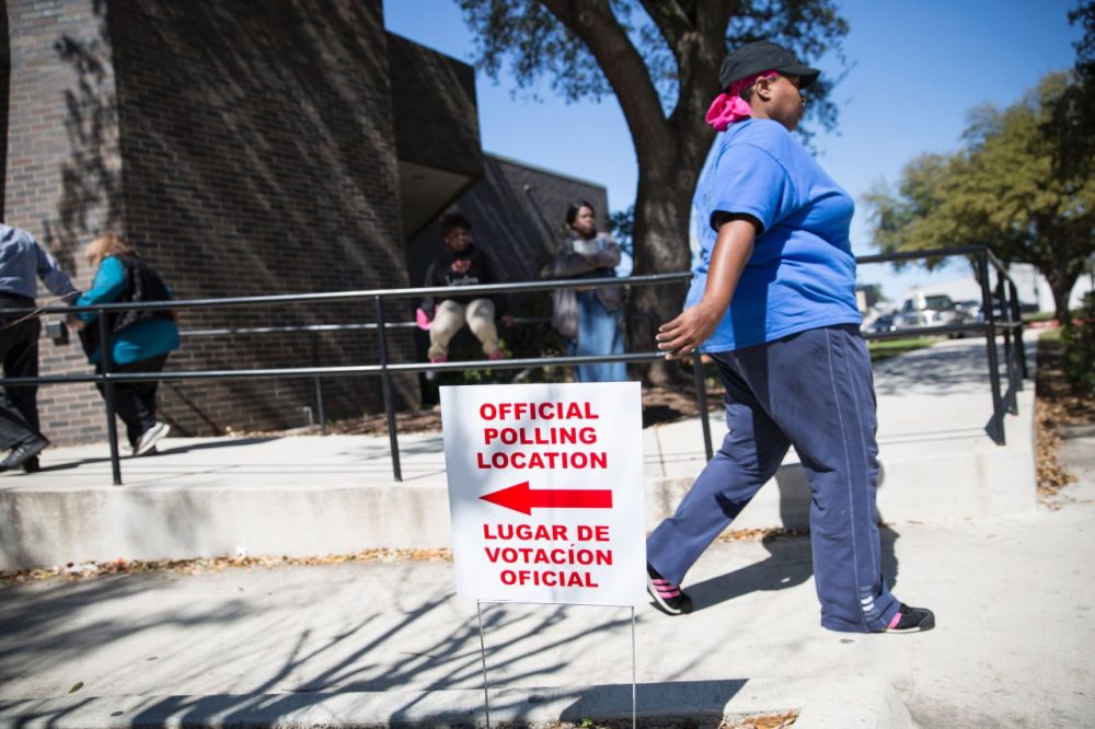 An official polling location sign stands outside a voting center on Super Tuesday, March 1, 2016, in Dallas, Texas.
Americans began voting in the crucial Super Tuesday primaries and caucuses in what is deemed the most critical day in the presidential nominating process. (Laura Buckman/AFP/Getty Images)