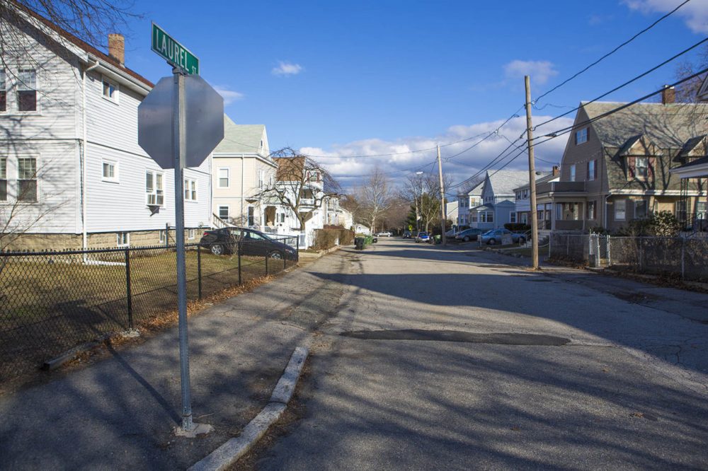 Laurel Street in Watertown, the scene of the armed standoff between the Tsarnaev brothers and the Watertown Police. (Jesse Costa/WBUR)