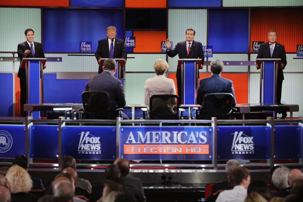 Republican presidential candidates (from left) Sen. Marco Rubio (R-FL), Donald Trump, Sen. Ted Cruz (R-TX), and Ohio Gov. John Kasich participate in a debate sponsored by Fox News at the Fox Theatre on March 3, 2016 in Detroit, Michigan. Voters in Michigan will go to the polls March 8 for the state's primary. (Chip Somodevilla/Getty Images)
