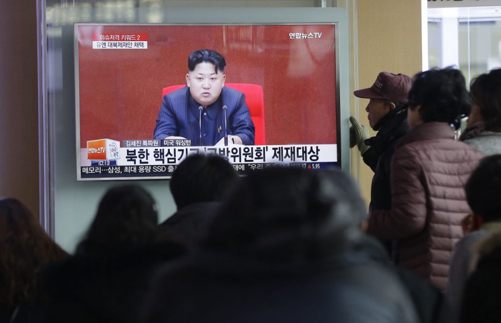 People watch a TV news program showing North Korean leader Kim Jong Un, at Seoul Railway Station in Seoul, South Korea, Thursday, March 3, 2016. North Korea fired several short-range projectiles into the sea off its east coast Thursday, Seoul officials said, just hours after the U.N. Security Council approved the toughest sanctions on Pyongyang in two decades for its recent nuclear test and long-range rocket launch. The screen reads &quot;Sanction on the North Korea.&quot; (Ahn Young-joon/AP)