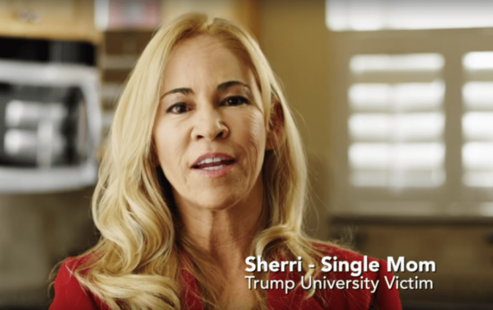 In this screenshot from an anti-Trump ad from  American Future Fund, a woman named Sherri says &quot;America, do not make the same mistake that I did with Donald Trump. I got hurt badly, and I'd hate to see this country get hurt by Donald Trump.&quot; (Screenshot)