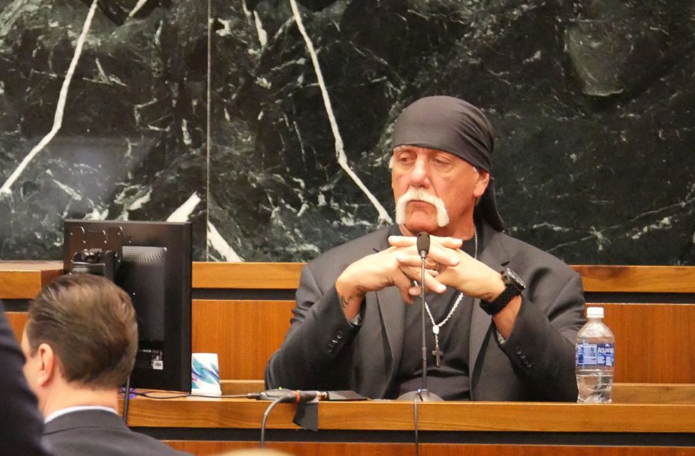 Terry Bollea, known as professional wrestler Hulk Hogan, listens while testifying in his case against the news website Gawker at the Pinellas County Courthouse, in St. Petersburg, Fla., Monday, March 7, 2016. Hogan is suing Gawker for $100 million for publishing a video of him having sex with his best friend's wife. (Boyzell Hosey/Tampa Bay Times via AP)