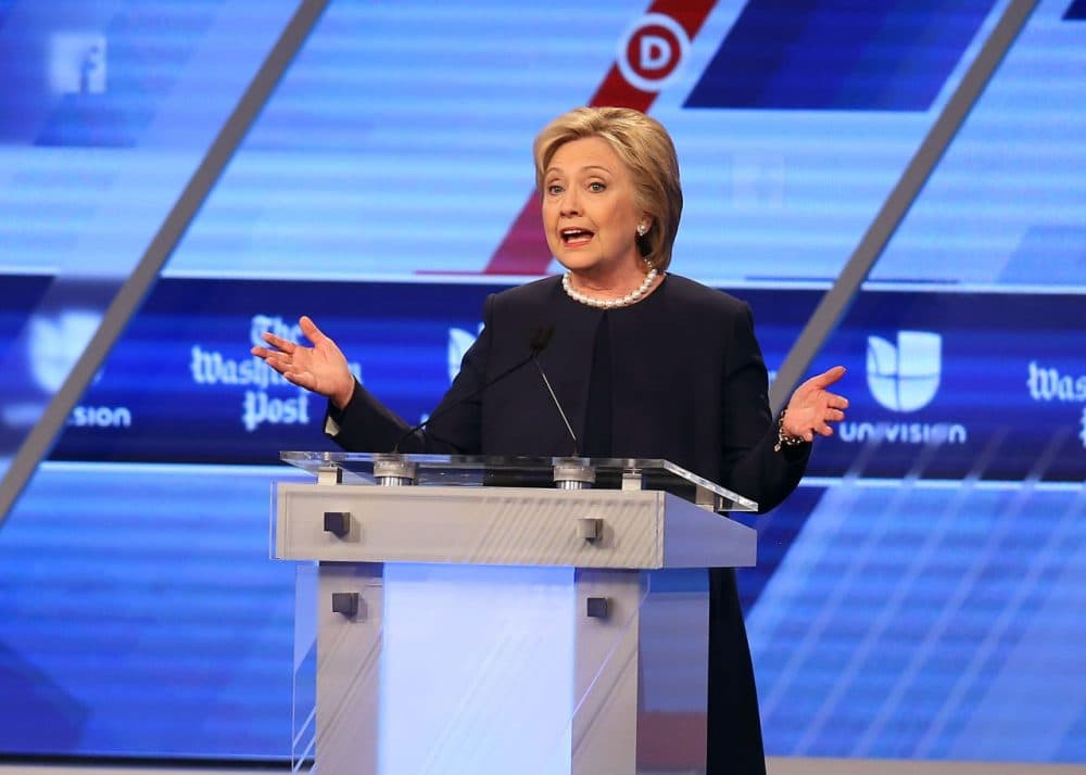Democratic presidential candidate Hillary Clinton speaks during her debate against Democratic presidential candidate Senator Bernie Sanders (D-VT) at the Univision News and Washington Post Democratic Presidential Primary Debate at the Miami Dade College's Kendall Campus on March 9, 2016 in Miami, Florida. (Joe Raedle/Getty Images)