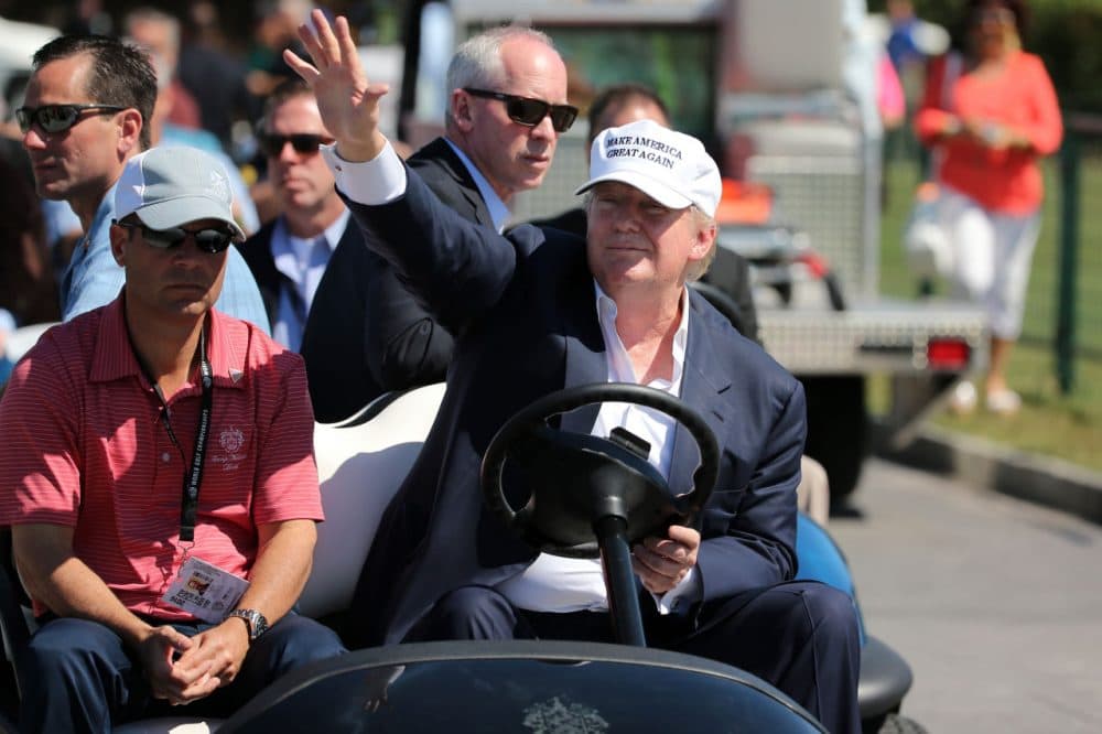 Republican presidential candidate Donald Trump makes an appearance prior to the start of play during the final round of the World Golf Championships-Cadillac Championship at Trump National Doral Blue Monster Course on March 6, 2016 in Doral, Florida.  (Mike Ehrmann/Getty Images)