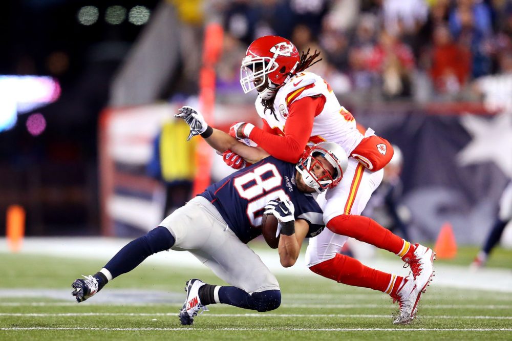 Danny Amendola #80 of the New England Patriots is tackled by Ron Parker #38 of the Kansas City Chiefs in the first half during the AFC Divisional Playoff Game at Gillette Stadium on January 16, 2016 in Foxboro, Massachusetts.  (Jim Rogash/Getty Images)