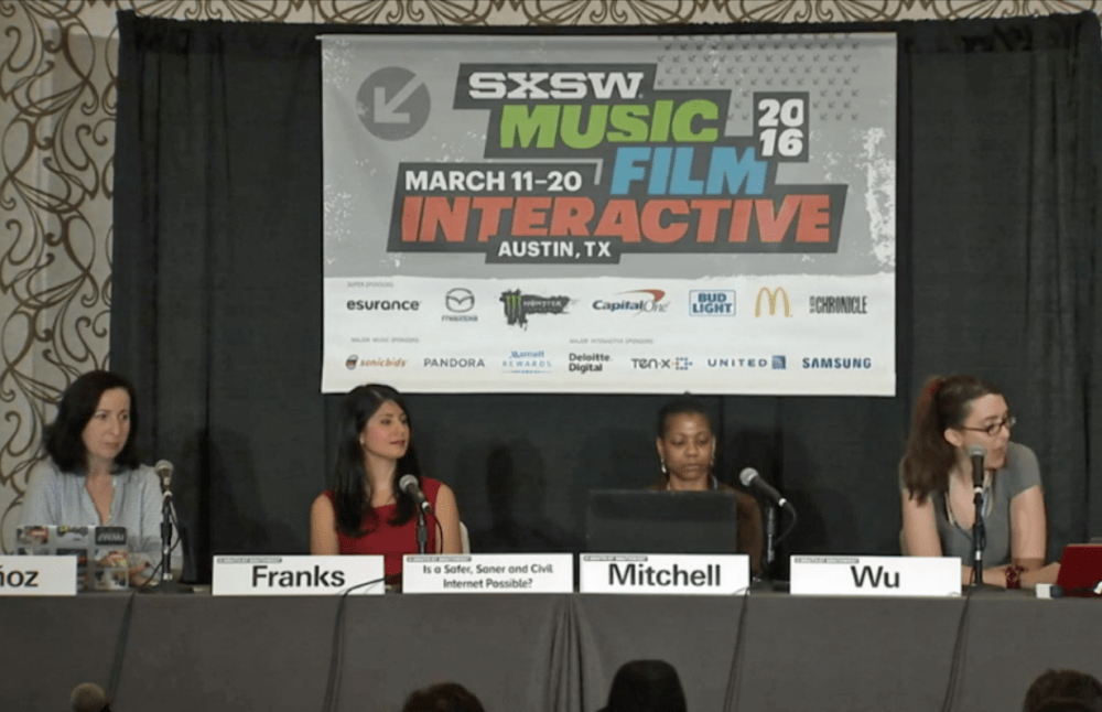 From left, Elisa Lees Muñoz, Mary Anne Franks, Shireen Mitchell and Brianna Wu take part in a panel called &quot;Is A Safer, Saner and Civil Internet Possible?&quot; at SXSW on Saturday, March 12. (Screenshot from sxsw.com)