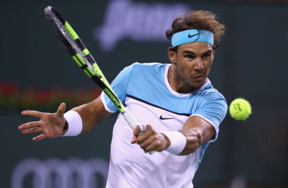 Rafael Nadal of Spain in second round action against Gilles Muller of Luxembourg at the BNP Paribas Open in Indian Wells Tennis Garden on March 13, 2016 in Indian Wells, California.  (Julian Finney/Getty Images)