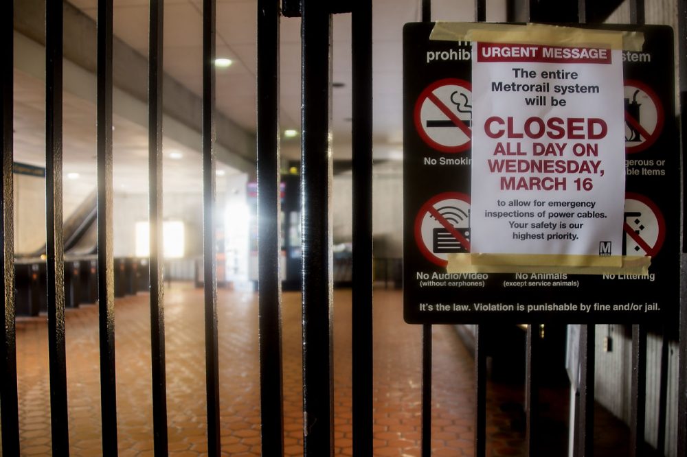 The locked gates of the New Carrollton Metro Station are seen in New Carrollton, Maryland on March 16, 2016, after the  DC Metro system closed for 24 hours for maintenance.
Washington's Metro train system is shut down all day for emergency inspections after an electrical fire in a tunnel, transport chiefs said, in an unprecedented move that threatens to cause mass disruption in the US capital. (JIM WATSON/AFP/Getty Images)