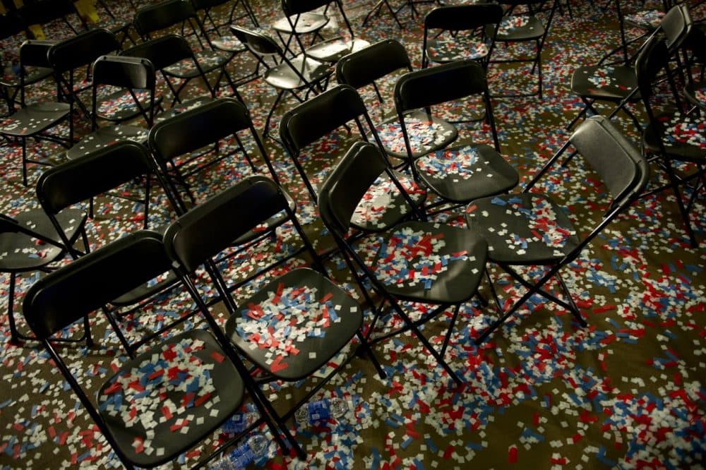 Conffetti lies on chairs after Ohio Governor John Kasich spoke to supporters at Baldwin Wallace University after winning the Ohio Republican Primary Race Tuesday March 15, 2015 in Berea, Ohio.
