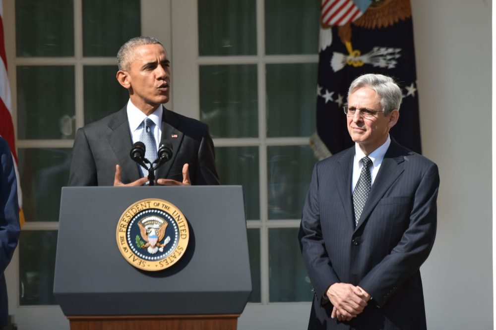 President Barack Obama announces his Supreme Court nominee, Merrick Garland (right), in the Rose Garden at the White House in Washington, D.C., on March 16, 2016. Garland, 63, is currently chief judge of the United States Court of Appeals for the District of Columbia Circuit. The nomination sets the stage for an election-year showdown with Republicans who have made it clear they have no intention of holding hearings to vet any Supreme Court nominee put forward by the president. (Nicholas Kamm/AFP/Getty Images)