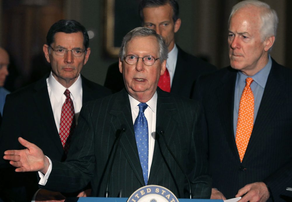 Senate Majority Leader Mitch McConnell (R-KY), center, says Senate Republicans will deny confirmation hearings for any Obama nominee to fill the vacancy after the passing of Justice Antonin Scalia. (Mark Wilson/Getty Images)