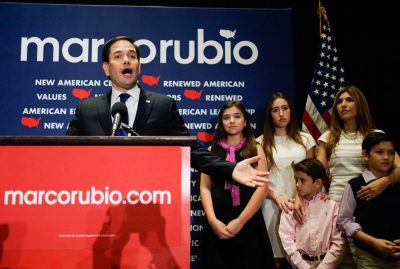 Republican presidential candidate U.S. Senator Marco Rubio (R-FL), flanked by his family, speaks to supporters at a primary night rally on March 15, 2016 in Miami, Florida.  Rubio announced he was suspending his campaign after losing his home state of Florida to Republican rival Donald Trump. (Angel Valentin/Getty Images)