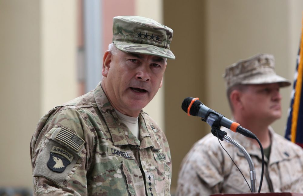 U.S. Army General John Campbell, the outgoing commander of Resolute Support forces and United States forces in Afghanistan, speaks during a change of command ceremony at Resolute Support headquarters in Kabul on March 2, 2016.  Just over one year ago, the US and NATO-led mission in Afghanistan transitioned into an Afghan operation, with allied nations assisting in training and equipping local forces to tackle Taliban and other groups. (Rahmat Gul/AFP/Getty Images)