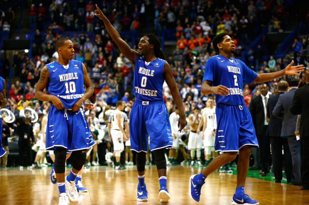 Darnell Harris #0 of the Middle Tennessee Blue Raiders celebrates with teammates late in the game against the Michigan State Spartans during the first round of the 2016 NCAA Men's Basketball Tournament at Scottrade Center on March 18, 2016 in St Louis, Missouri. (Jamie Squire/Getty Images)
