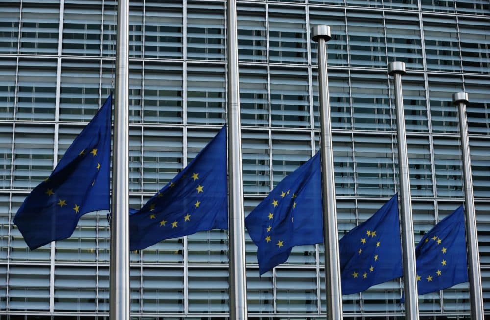 The European Union flag flies at half mast outside EU Commission Headquarters following today's attack on March 22, 2016 in Brussels, Belgium. At least 30 people are thought to have been killed after Brussels airport and a Metro station were targeted by explosions. The attacks come just days after a key suspect in the Paris attacks, Salah Abdeslam, was captured in Brussels.  (Carl Court/Getty Images)