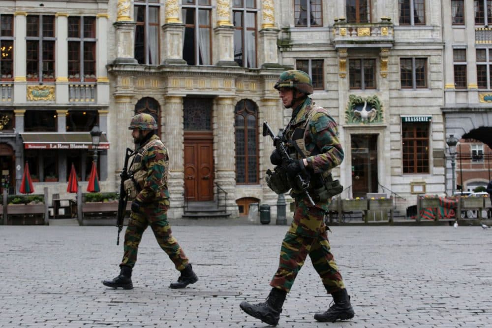 Soldiers patrol in central Brussels on March 23, 2016, a day after triple bomb attacks in the Belgian capital. (Kenzo Tribouillard/AFP/Getty Images)