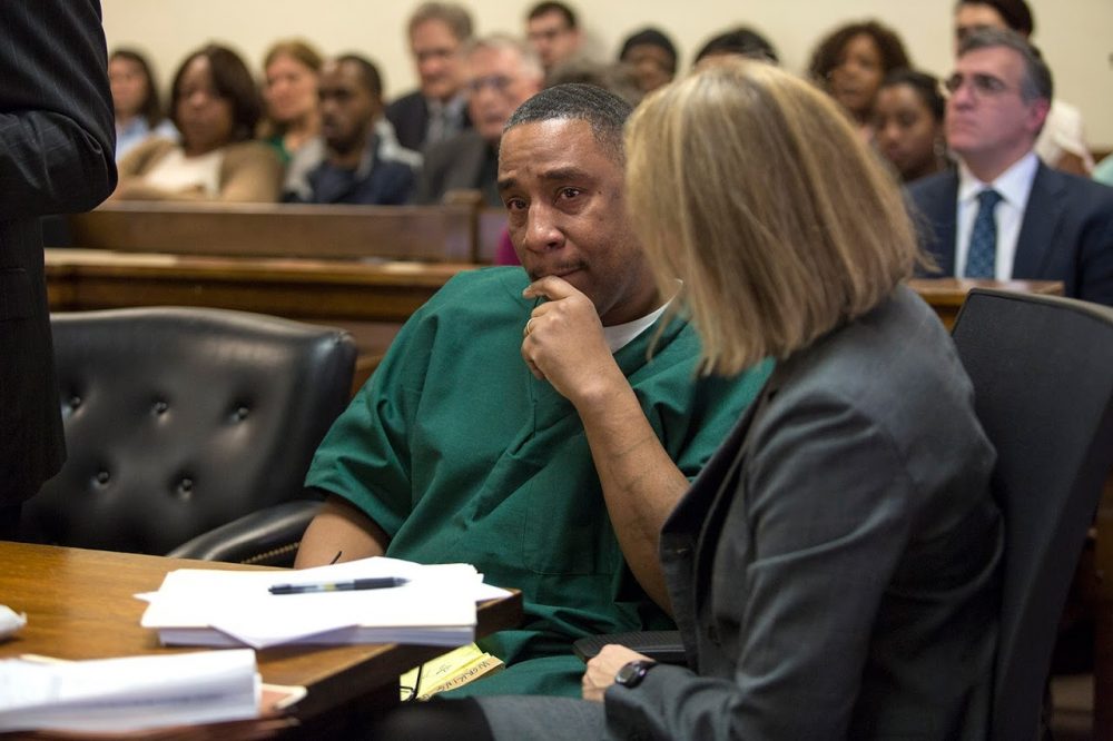 Darrell Jones cries after the mention of the videotaped testimony of Terie Lynn Starks, which ultimately became the key piece of evidence for his conviction. (Jesse Costa/WBUR)