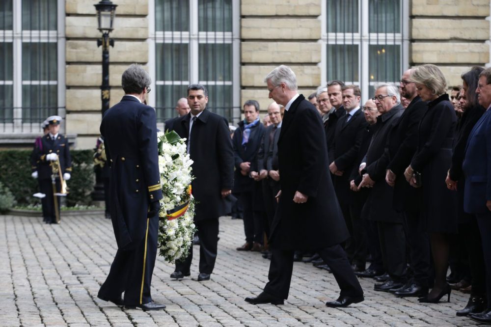 The king and queen of Belgium and other dignitaries and officials attend a ceremony at Palais de la Nation in Brussels on March 24, 2016, two days after a triple bomb attack claimed by the Islamic State group. (Kenzo Tribouillard/AFP/Getty Images)