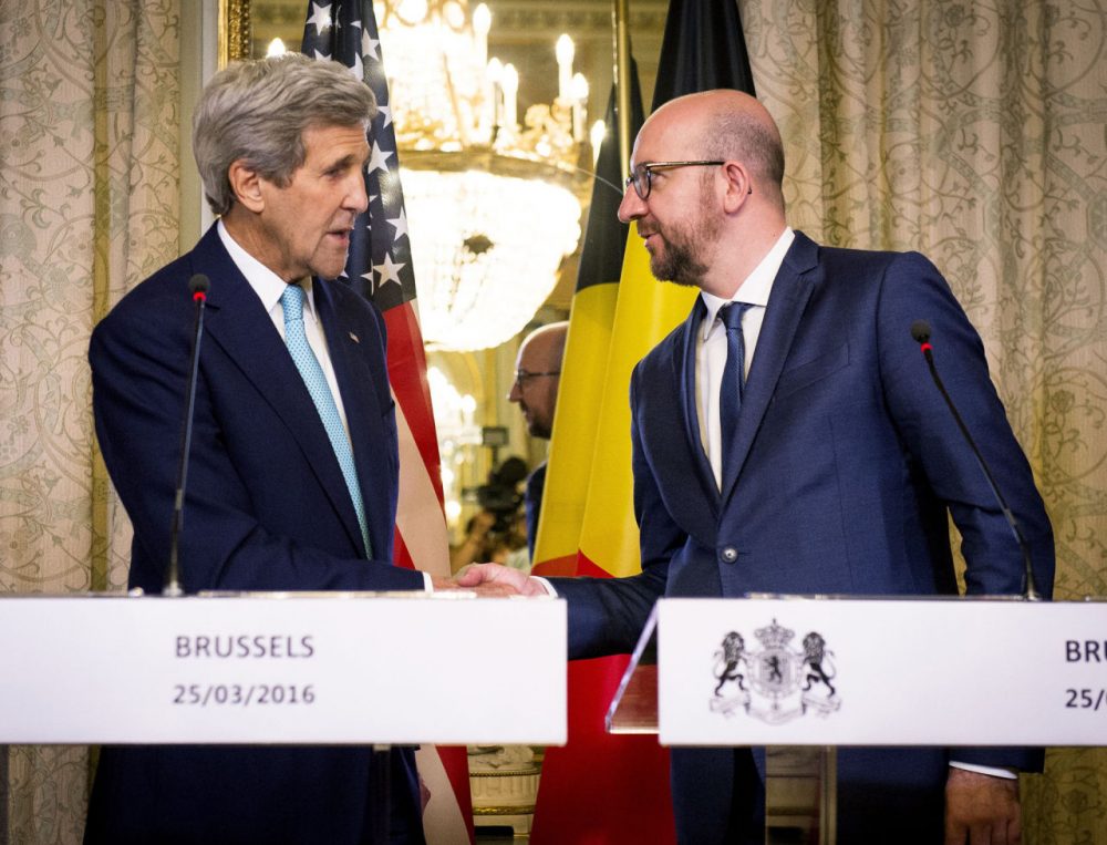 U.S. Secretary of State John Kerry shakes hands with Belgian Prime Minister Charles Michel during a meeting in Brussels on March 25, 2016. (Laurie Dieffembacq/AFP/Getty Images)