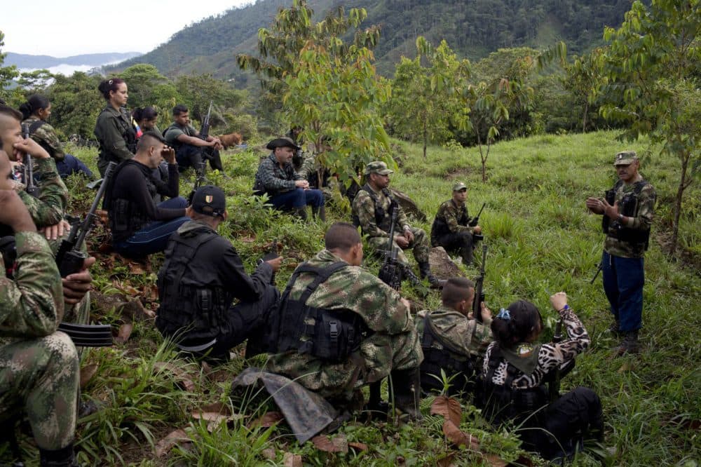 In this Jan. 3, 2016 photo, Leonidas, a commander of the 36th Front of the Revolutionary Armed Forces of Colombia, or FARC, speaks to rebels at their temporary camp in Antioquia state, in the northwest Andes of Colombia. Now peace is within reach as talks between the guerrillas and the government near conclusion in Cuba, and for the first time the rebels are thinking about a future outside this jungle hideout. (AP Photo/Rodrigo Abd)