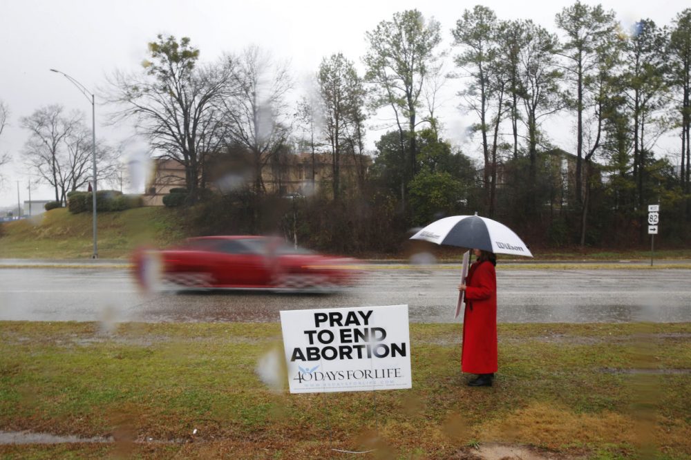 In this photo taken Feb. 22, 2016, Ellie Hermann, stands near the street as cars drive by with a protesting sign near the West Alabama Womens Center, in Tuscaloosa, Alabama. (Brynn Anderson/AP)