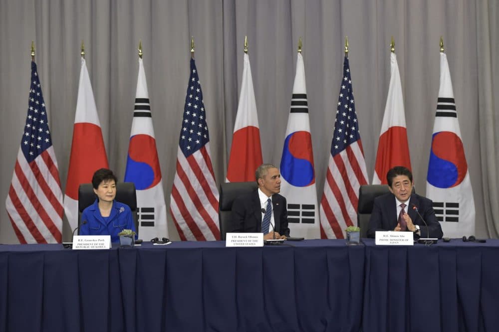 U.S. President Barack Obama takes part in a trilateral meeting with Japan's Prime Minister Shinzo Abe and South Korea's President Park Geun-Hye on the sidelines of the Nuclear Security Summit at the Walter E. Washington Convention Center on March 31, 2016 in Washington, D.C.  (Mandel Ngan/AFP/Getty Images)