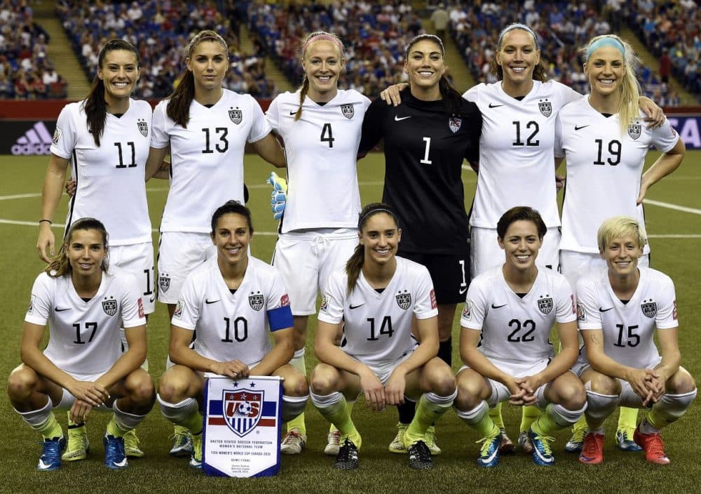 Top row from left: USA defender Ali Krieger, forward Alex Morgan, defender Becky Sauerbrunn, goalkeeper Hope Solo, midfielder Lauren Holiday and defender Julie Johnston. Bottom row from left:  USA midfielder Tobin Heath, midfielder Carli Lloyd, midfielder Morgan Brian, defender Meghan Klingenberg and midfielder Megan Rapinoe pose during the semi-final football match between USA and Germany during their 2015 FIFA Women's World Cup at the Olympic Stadium in Montreal on June 30, 2015. USA won 2-0. (Franck Fife/AFP/Getty Images)
