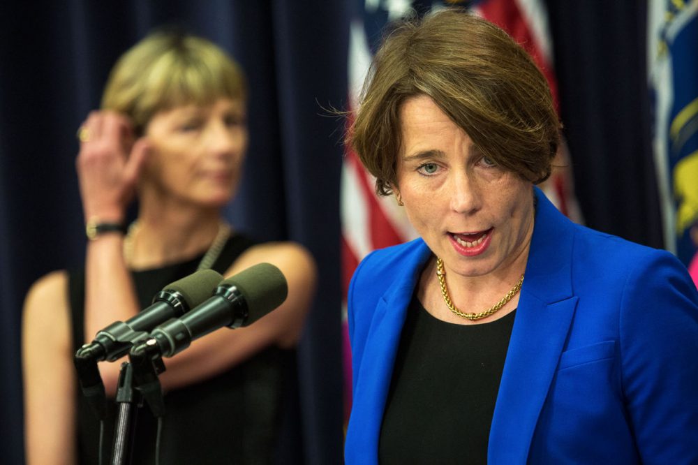 Attorney General Maura Healey speaks during a press conference at the State House in 2015. (Jesse Costa/WBUR)