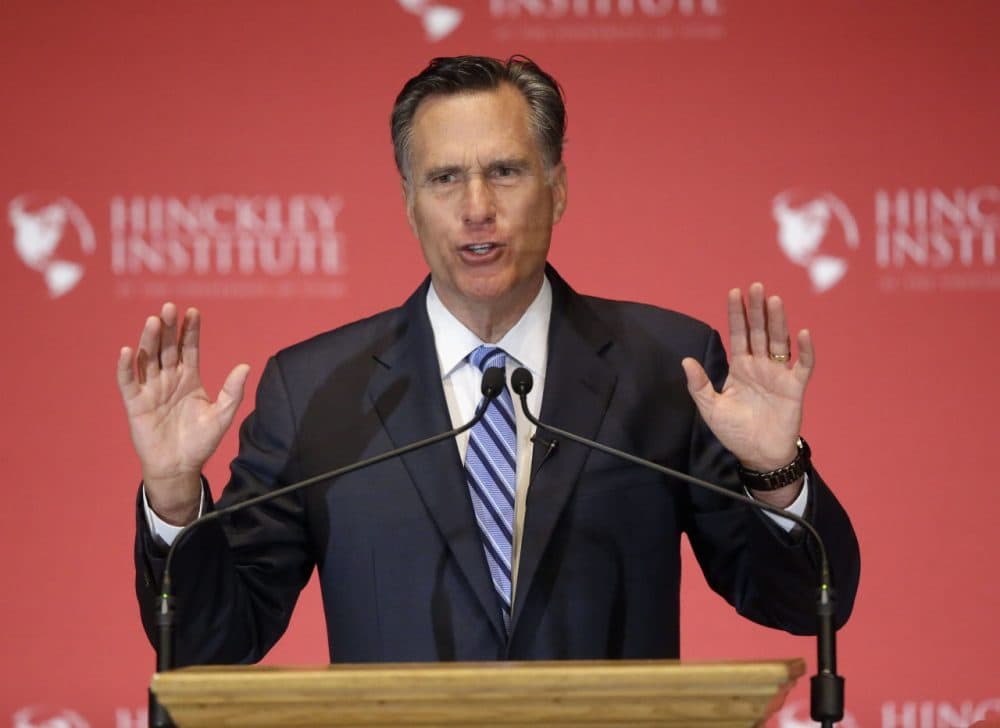 Former Republican presidential candidate Mitt Romney weighs in on the Republican presidential race during a speech at the University of Utah, Thursday. (Rick Bowmer/AP)