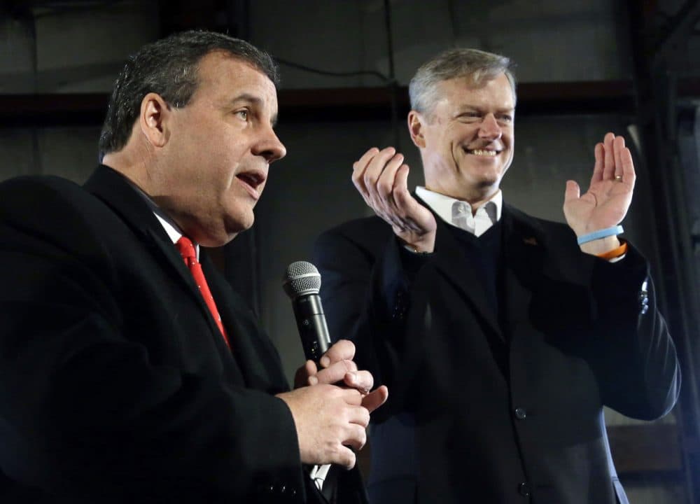 Gov. Charlie Baker at a campaign event with New Jersey Gov. Chris Christie in New Hampshire in February, when Christie was still running for president. (Elise Amendola/AP)