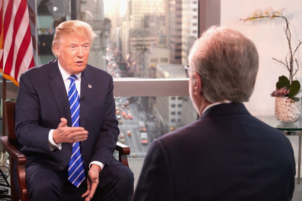 Republican Presidential Candidate Donald Trump interviewed by journalist Wolf Blitzer for The Situation Room on CNN on January 6, 2016 in New York City.  (Regine Mahaux/Getty Images)