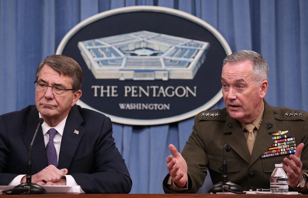 U.S. Secretary of Defense Ash Carter and Chairman of the Joint Chiefs of Staff Gen. Joseph Dunford confirmed reports on Friday that the U.S. successfully targeted ISIS leader Haji Imam in a recent attack and described him as the group's finance minister.  (Win McNamee/Getty Images)
