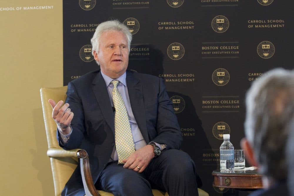 Jeffrey Immelt, CEO of General Electric, speaks at the Boston Harbor Hotel during a welcome luncheon on Thursday. (Joe Difazio for WBUR)