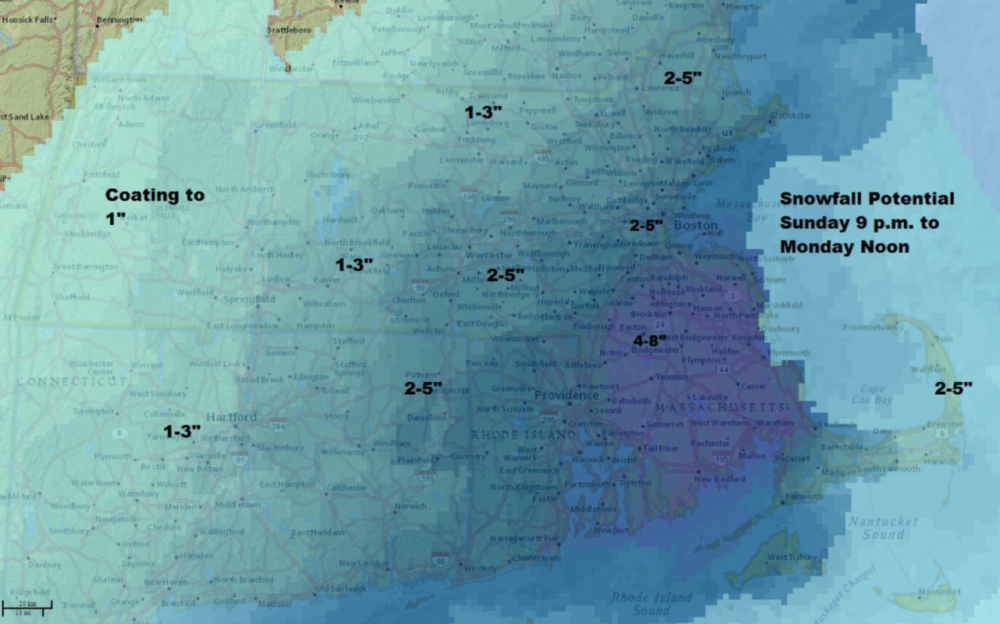 Predicted snowfall totals for Monday. (David Epstein/WBUR)
