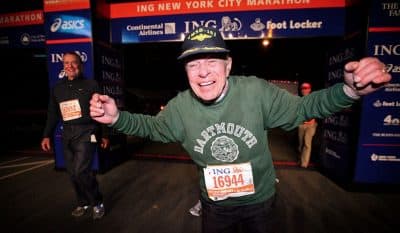 Retired Marine Col. Jonathan Mendes crosses the finish line at the end of the 2010 New York City Marathon. The 90-year-old was the oldest entrant in the race and crossed the finish after 9 hours and 55 minutes. (USMC via Wikimedia Commons)