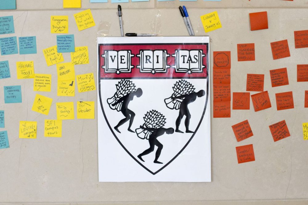 Harvard Law School is changing their controversial seal. This mock seal was created by students in protest of the seal. (Joe Difazio for WBUR)