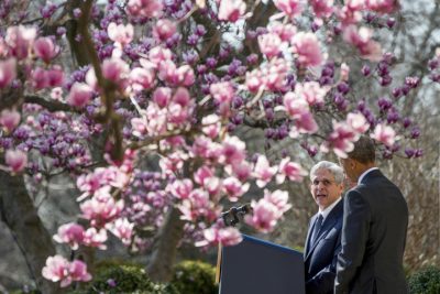 Federal appeals court judge Merrick Garland accompanied by President Barack Obama, speaks as he is introduced as Obamas nominee for the Supreme Court during an announcement in the Rose Garden of the White House, in Washington, Wednesday, March 16, 2016. (AP Photo/Andrew Harnik)