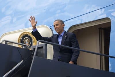 President Barack Obama waves upon his arrival on Air Force One, Friday, March 11, 2016, at Austin Bergstrom International Airport in Austin, Texas. (AP Photo/Pablo Martinez Monsivais)