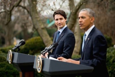 Canadian Prime Minister Justin Trudeau listens as President Barack Obama speaks during a bilateral news conference in the Rose Garden of the White House in Washington, Thursday, March 10, 2016. (AP Photo/Andrew Harnik)