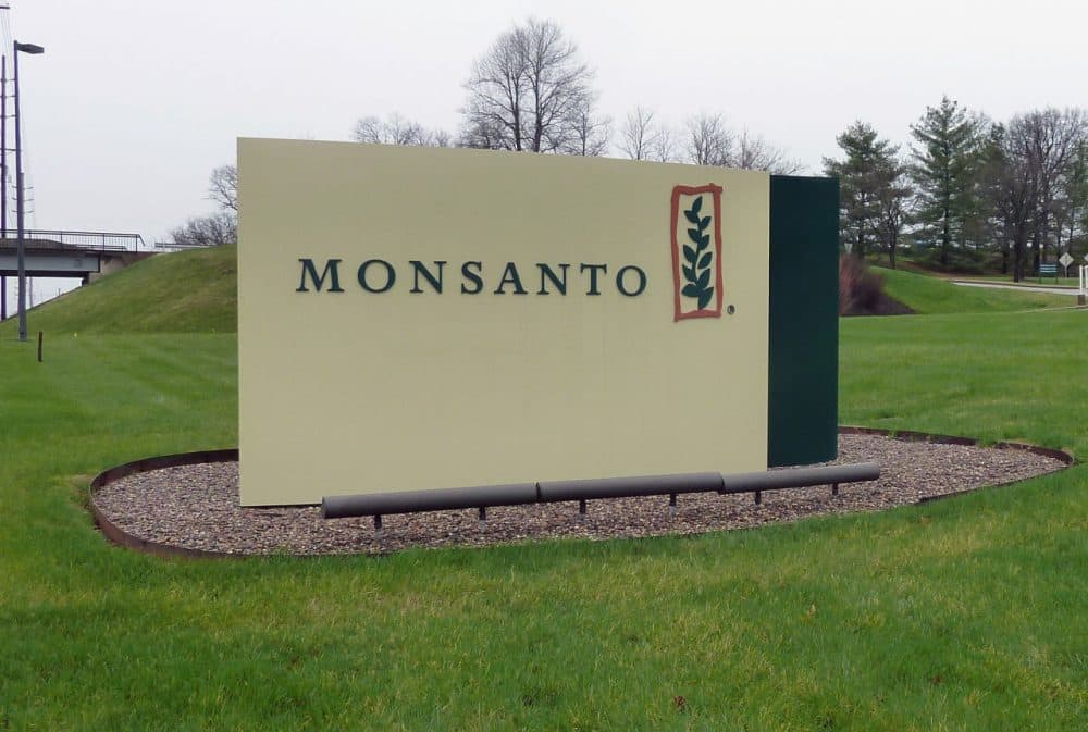 The entrance sign is seen at the headquarters of Monsanto, at Creve Coeur (St. Louis), Missouri, on April 7, 2014.  Monsanto is the world's largest seed supplier. (Juliette Michel/AFP/Getty Images)