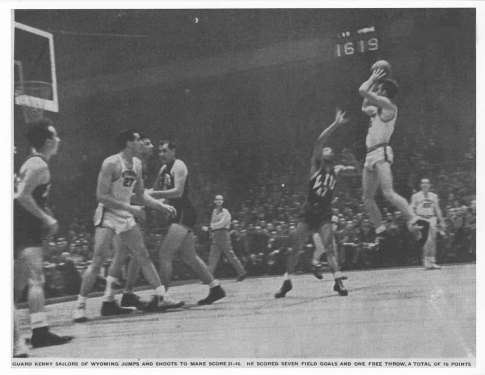 This photo of Kenny Sailors' jump shot (and one very confused defender) landed in Life magazine in January of 1946. (Kenny Sailors Collection/American Heritage Center/University of Wyoming)