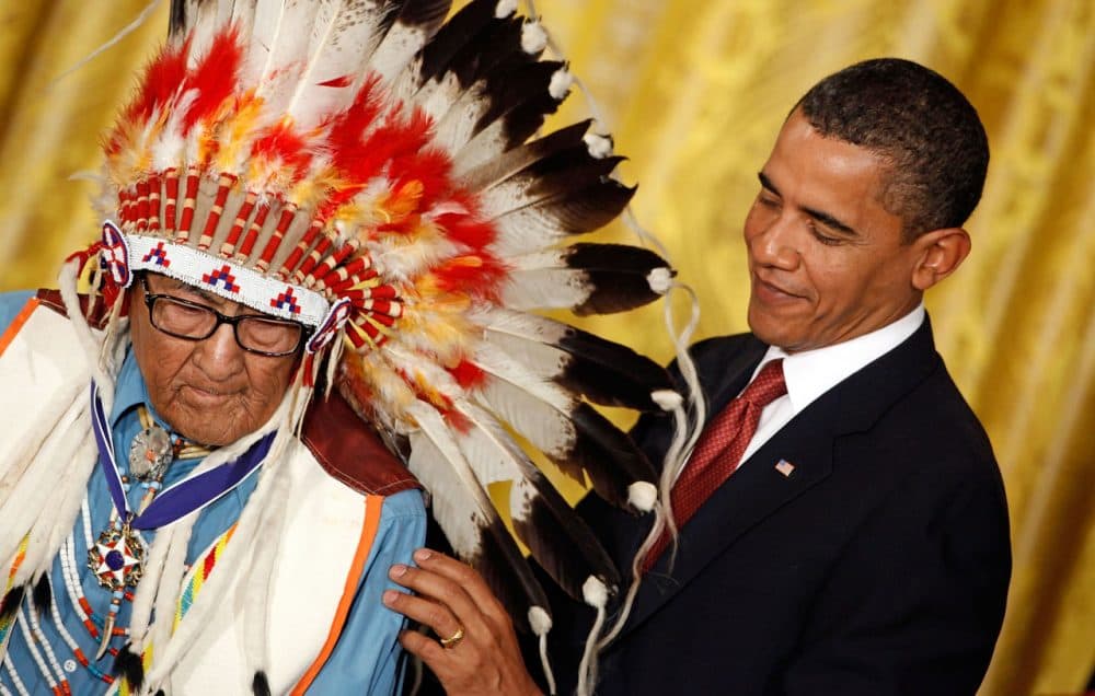 U.S. President Barack Obama presents the Medal of Freedom to Crow War Chief Dr. Joseph Medicine Crow High Bird during a ceremony in the East Room of the White House August 12, 2009.  (Chip Somodevilla/Getty Images)