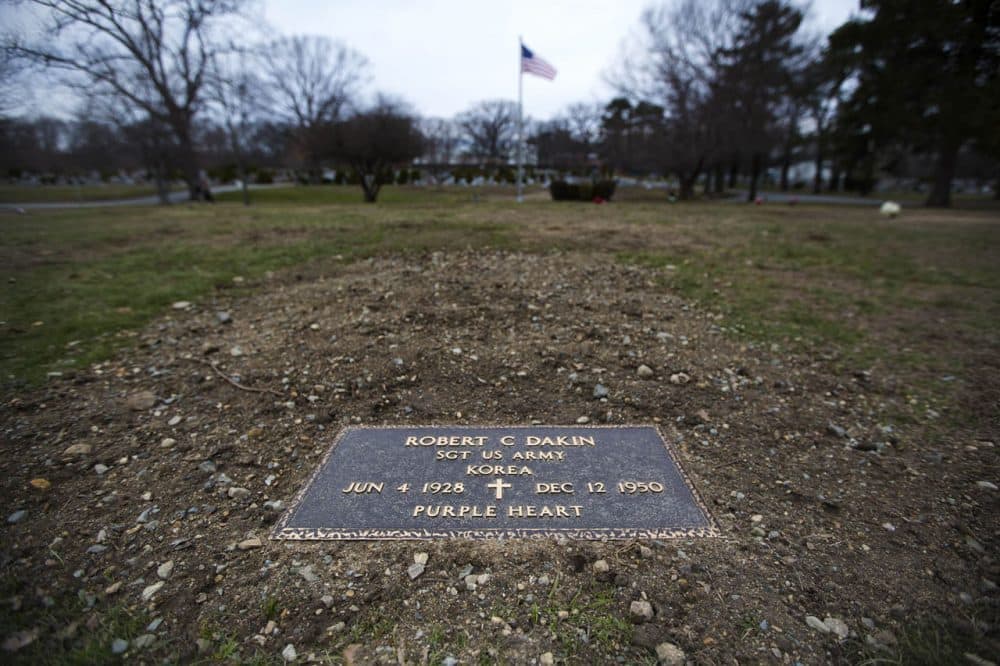 The remains of Sgt. Robert C. Dakin were found in North Korea several years ago but were just recently buried this past December. Here's his gravesite at Mt. Feake Cemetery in Waltham. (Jesse Costa/WBUR)