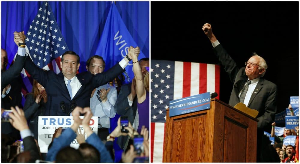 L-R, Republican presidential candidate Sen. Ted Cruz in Milwaukee; Democratic presidential candidate Sen. Bernie Sanders in Laramie, Wyo. Both photos taken Tuesday, April 5, 2016. (AP)