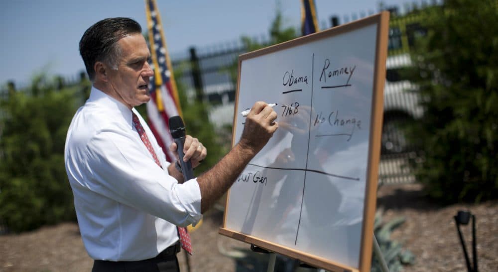 In this Aug. 16, 2012 file photo, then-Republican presidential candidate and former Massachusetts Gov. Mitt Romney writes on a white board as he talks about health care reform during a news conference in Greer, S.C. (Evan Vucci/AP)
