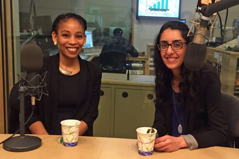 Phoenicia Lewis (left) and Wafaa Arbash are pictured in the studio. (Karyn Miller-Medzon/Here &amp; Now)