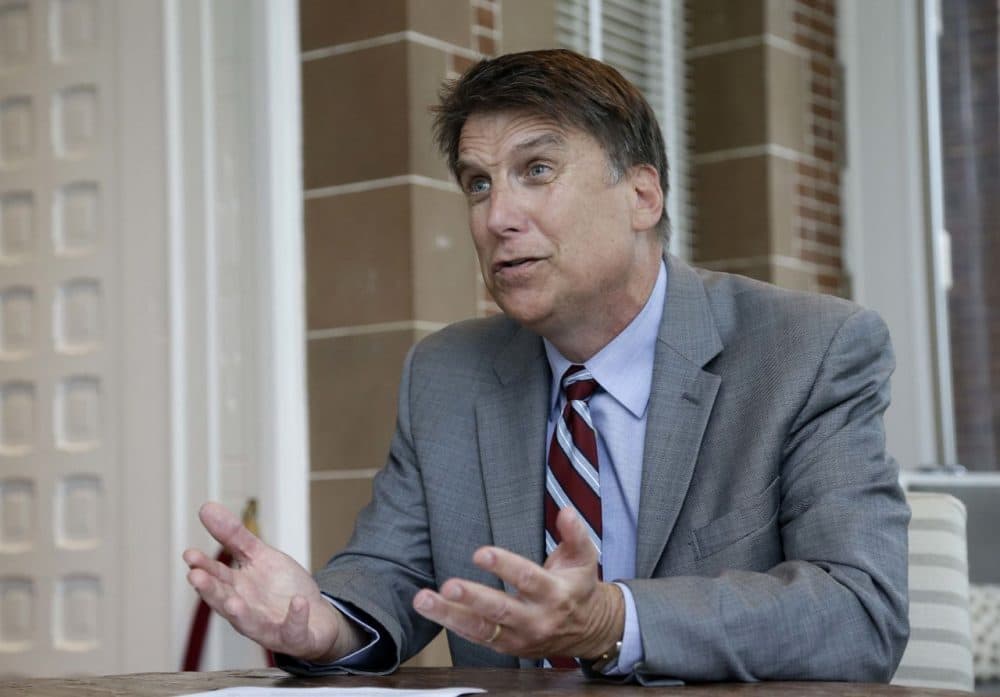 North Carolina Gov. Pat McCrory makes remarks during an interview at the Governor's mansion in Raleigh, N.C., Tuesday, April 12, 2016. McCrory says he wants to change a new state law that prevents people from suing over discrimination in state court, but he's not challenging a measure regarding bathroom access for transgender people. (Gerry Broome/AP)