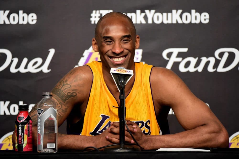 Kobe Bryant #24 of the Los Angeles Lakers address the media during the post game news conference after scoring 60 point in his final NBA game at Staples Center on April 13, 2016 in Los Angeles, California. (Harry How/Getty Images)