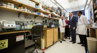 Vice President Joe Biden speaks with Nobel Laureate Dr. Paul Modrich, left, as Dr. A. Eugene Washington, Chancellor for Health Affairs at Duke University, right, and Vickers Burdett, wife of Dr. Modrich, middle listen in a laboratory at Duke University School of Medicine in Durham, N.C. Wednesday, Feb. 10, 2016. Vice President Joe Biden visited Duke to speak about his Cancer Moonshot initiative. (Ben McKeown/AP)